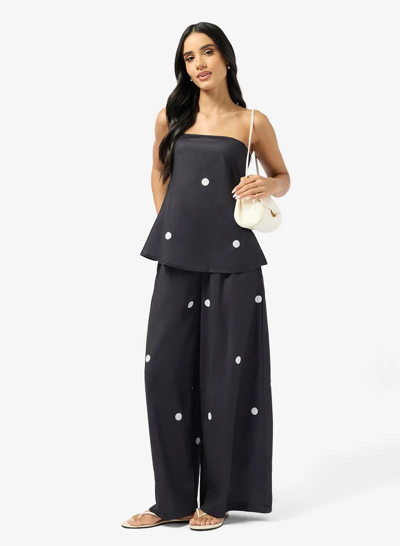 جينجر Bandeau Polka Dot Top & Wide Leg Pant Coord Set
